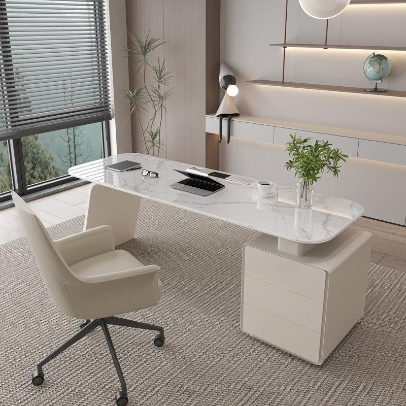 Beyaz Taş Tablalı Dahili Prizli Çekmeceli Oval Ofis Masası - 180x70 cm - 177167