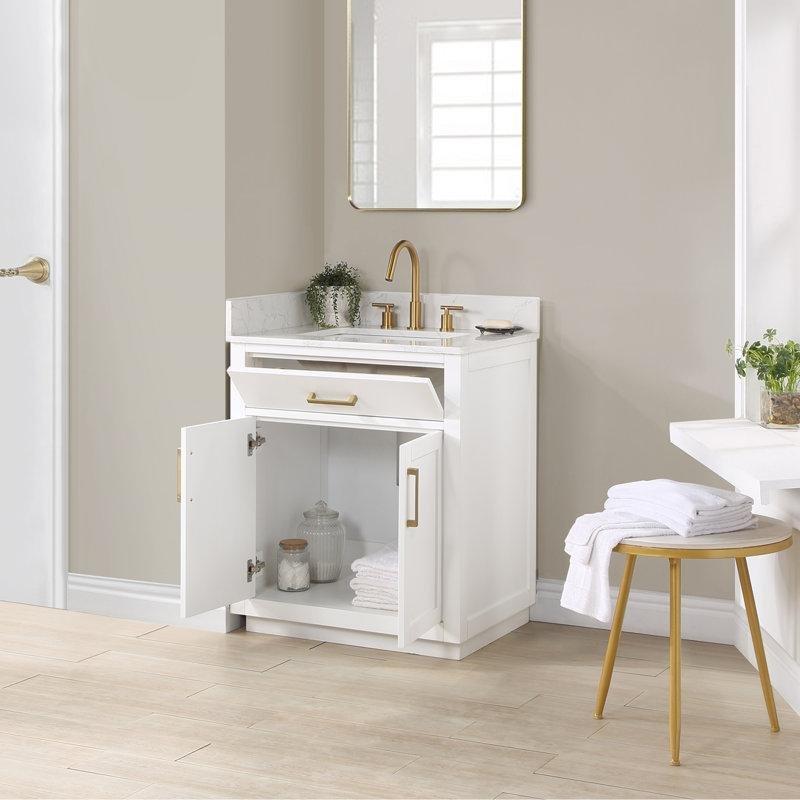 Beyaz Taş Tezgahlı Masif Ahşap Çekmeceli Ayaklı Banyo Lavabo Dolabı - 77 cm - 198752
