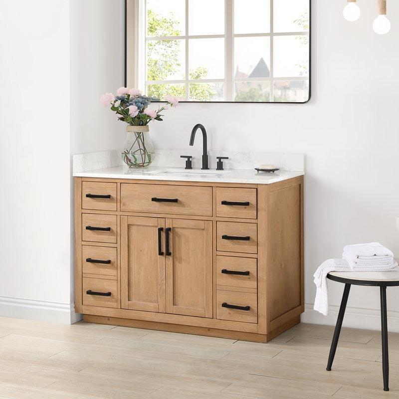 Beyaz Taş Tezgahlı Masif Ahşap Yavaş Kapanır Çekmeceli Banyo Lavabo Dolabı - 122 cm - 198070