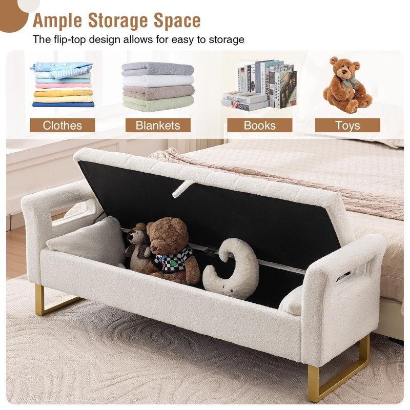 Beyaz Teddy Kumaş Kapitoneli Sandıklı Bench Kavisli Kolçaklı Gold Metal Ayaklı - 166 cm - 164449