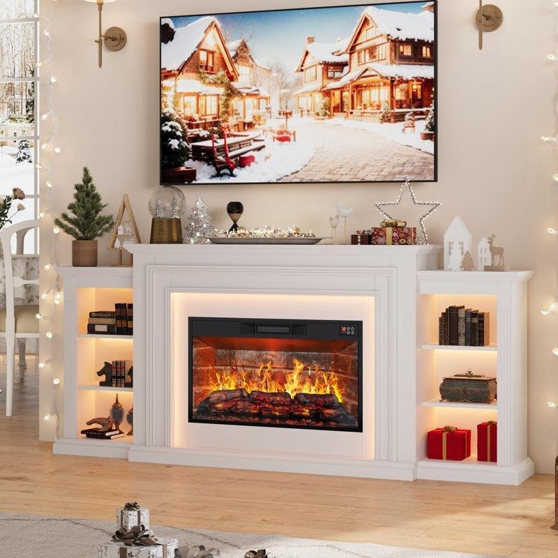 Beyaz Tuğla Desenli Ahşap LED Işıklı TV Üniteli Isıtmalı Elektrikli Şömine - 204 cm - 184321