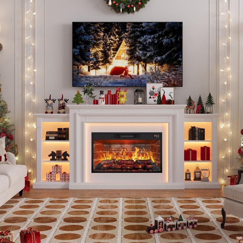 Beyaz Tuğla Desenli Ahşap LED Işıklı TV Üniteli Isıtmalı Elektrikli Şömine - 204 cm - 184321