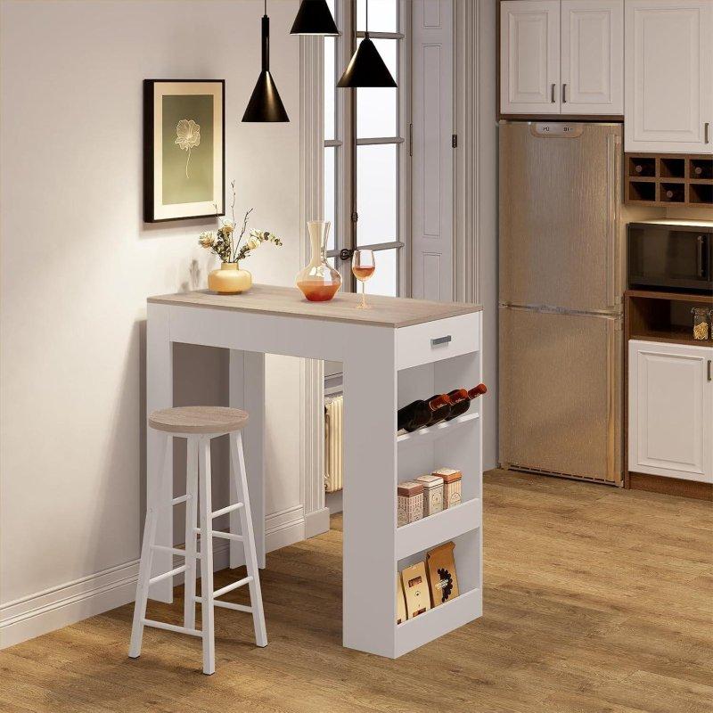 Beyaz ve Açık Meşe Masif Ahşap Çekmeceli Raflı Şaraplıklı Bar Masası - 100x50x100 cm - 232257