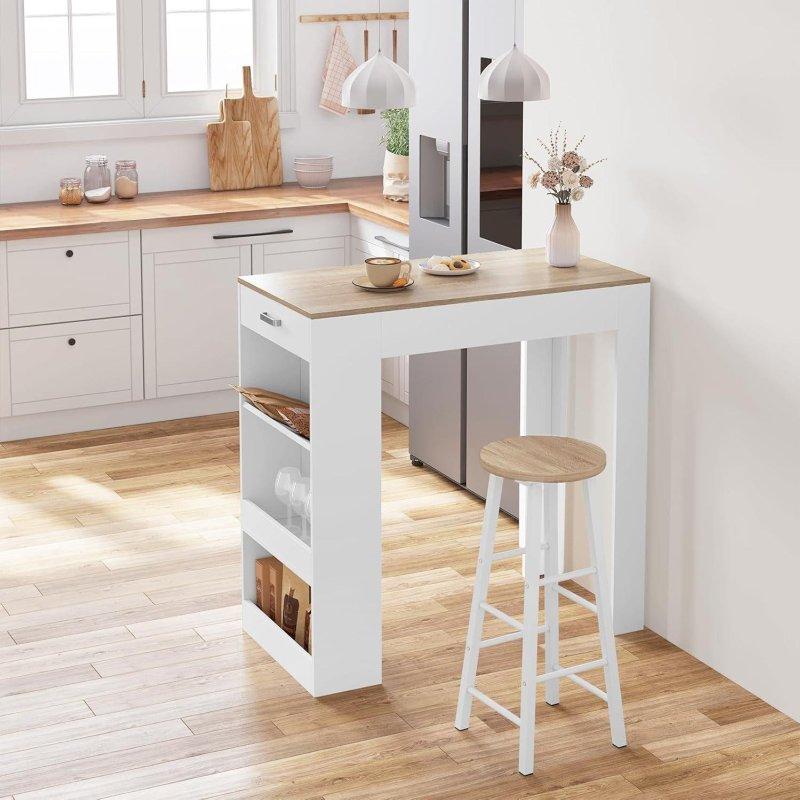 Beyaz ve Açık Meşe Masif Ahşap Çekmeceli Raflı Şaraplıklı Bar Masası - 100x50x100 cm - 232257