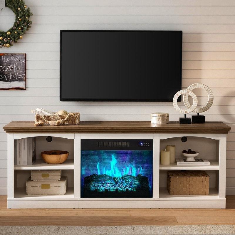 Beyaz ve Ahır Ahşap Rengi Kemerli Tasarım Elektrikli Şömineli TV Ünitesi - 180 cm - 221551