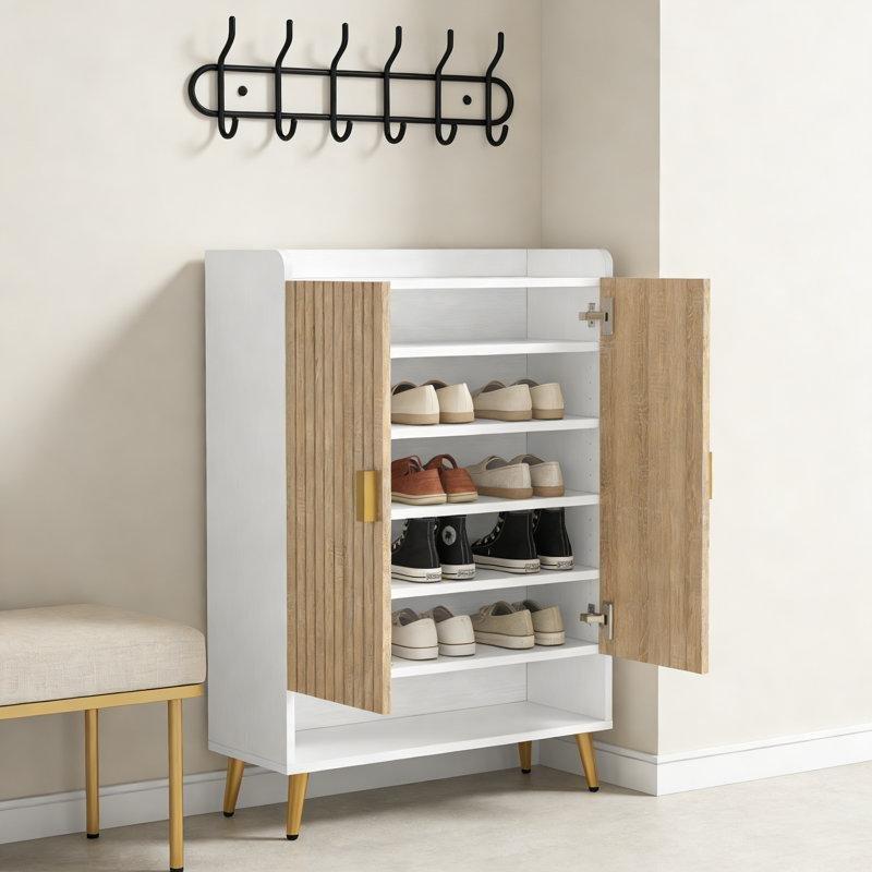 Beyaz ve Ahşap Rengi MDF Kanallı Kapaklı Gold Metal Detaylı Ayakkabılık - 73x110 cm - 227758