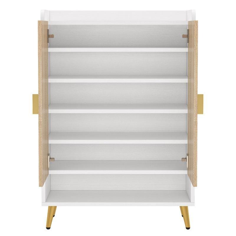 Beyaz ve Ahşap Rengi MDF Kanallı Kapaklı Gold Metal Detaylı Ayakkabılık - 73x110 cm - 227758