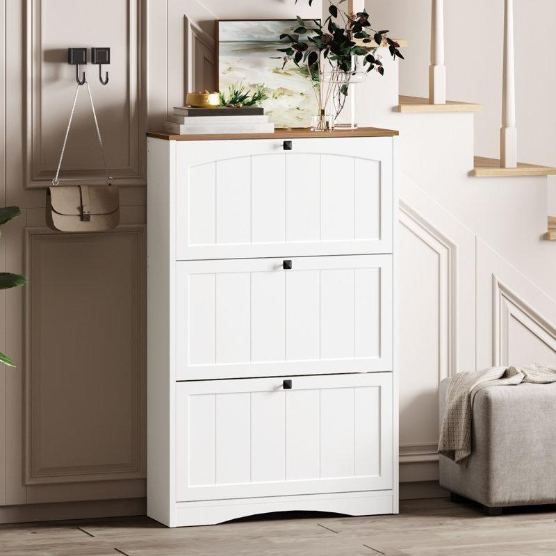Beyaz ve Ceviz MDF 3 Düşer Kapaklı Ayarlanabilir Raflı Ayakkabılık - 80x24x126 cm - 228356