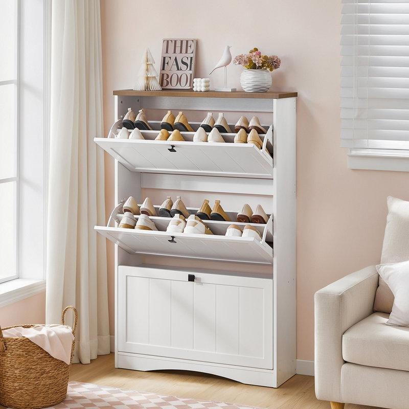 Beyaz ve Ceviz MDF 3 Düşer Kapaklı Ayarlanabilir Raflı Ayakkabılık - 80x24x126 cm - 228356
