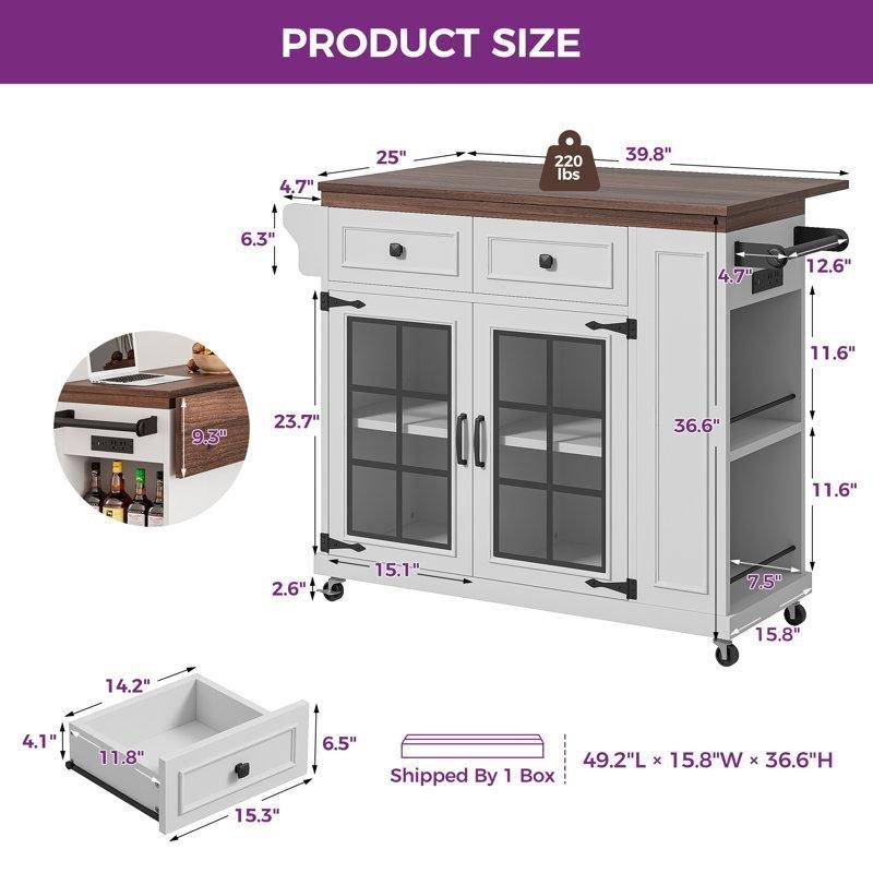 Beyaz ve Ceviz MDF Prizli Açılır Kapanır Tekerlekli Mutfak Adası - 102 cm - 176697