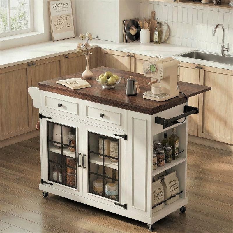 Beyaz ve Ceviz MDF Prizli Açılır Kapanır Tekerlekli Mutfak Adası - 102 cm - 176697