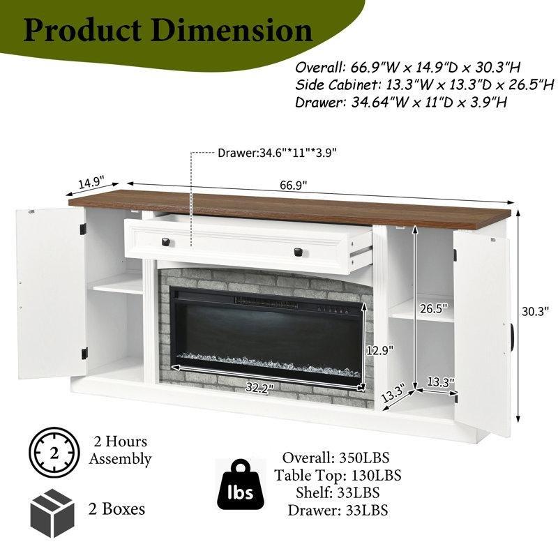 Beyaz ve Ceviz MDF Şömineli Çekmeceli Ayarlanabilir Raflı Tv Ünitesi - 169 cm - 222291
