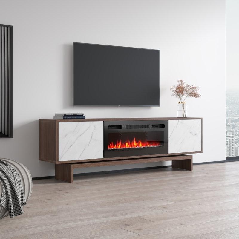 Beyaz ve Ceviz Suntalam Mat Elektrikli Şömineli TV Ünitesi - 181 cm - 220957