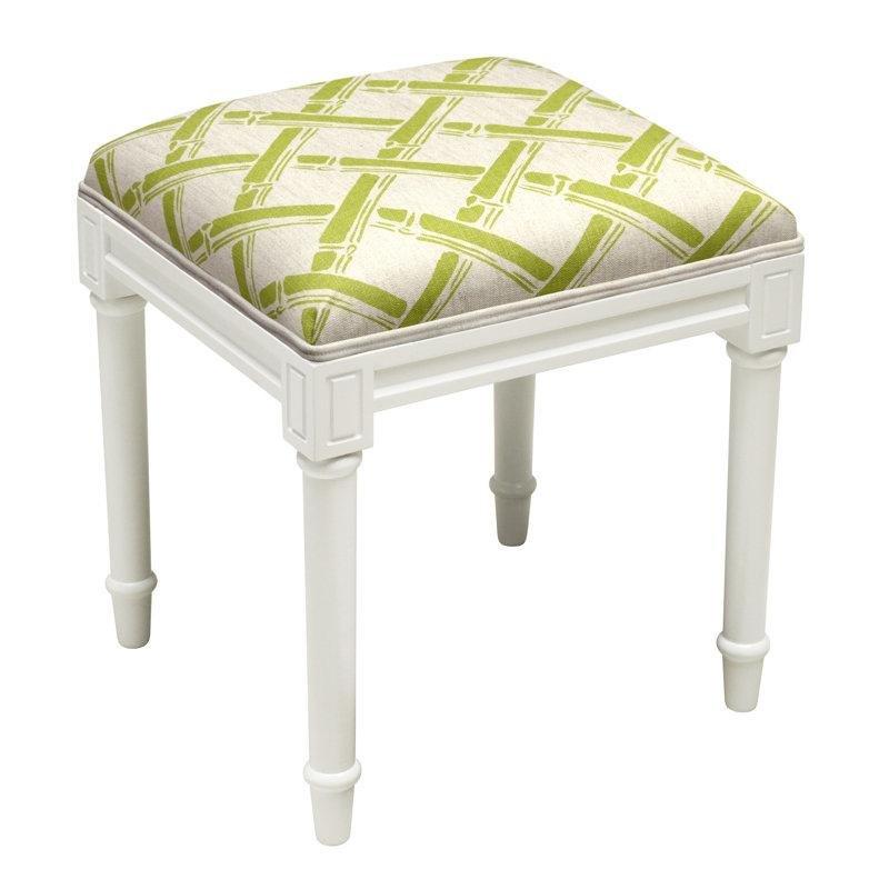 Beyaz ve Chartreuse Yeşil Keten Kumaş Chevron Desenli Masif Ahşap Makyaj Masası Pufu - 44x41 cm - 233422