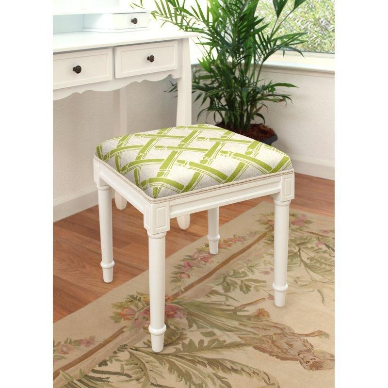 Beyaz ve Chartreuse Yeşil Keten Kumaş Chevron Desenli Masif Ahşap Makyaj Masası Pufu - 44x41 cm - 233422