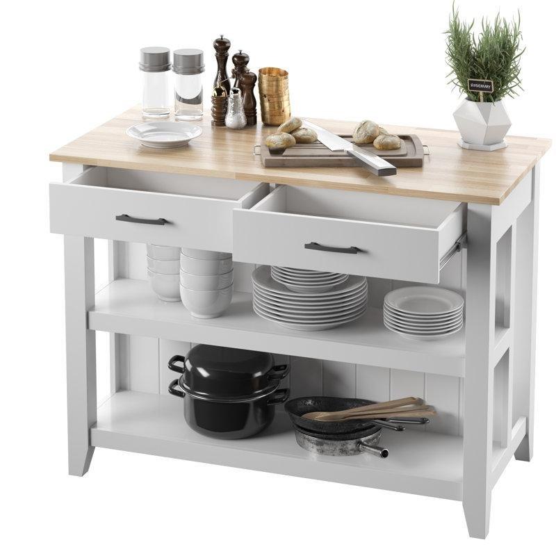 Beyaz ve Doğal Ahşap MDF Çekmeceli Raflı Mutfak Adası - 121 cm - 176486