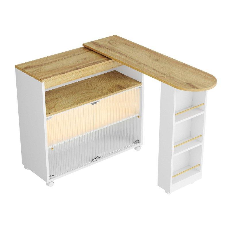 Beyaz ve Doğal Ahşap Rengi LED Aydınlatmalı Tekerlekli Açılır Dolaplı Bar Masası - 204x39x105 cm - 232452