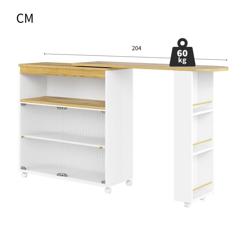 Beyaz ve Doğal Ahşap Rengi LED Aydınlatmalı Tekerlekli Açılır Dolaplı Bar Masası - 204x39x105 cm - 232452