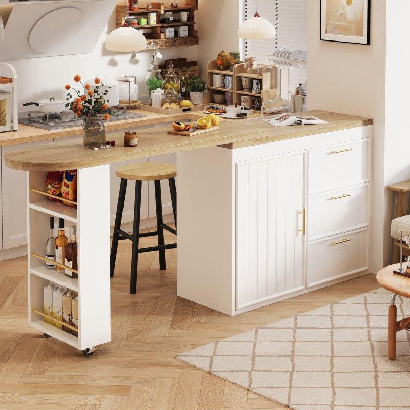 Beyaz ve Doğal Ahşap Rengi MDF 360° Döner Dolaplı ve Çekmeceli Bar Masası - 128x39 cm - 232558