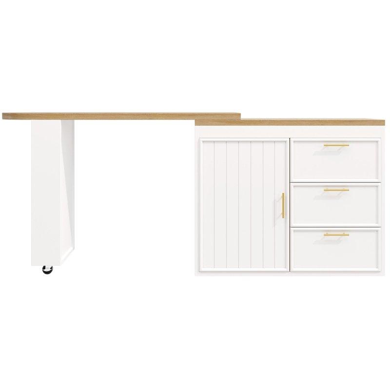 Beyaz ve Doğal Ahşap Rengi MDF 360° Döner Dolaplı ve Çekmeceli Bar Masası - 128x39 cm - 232558