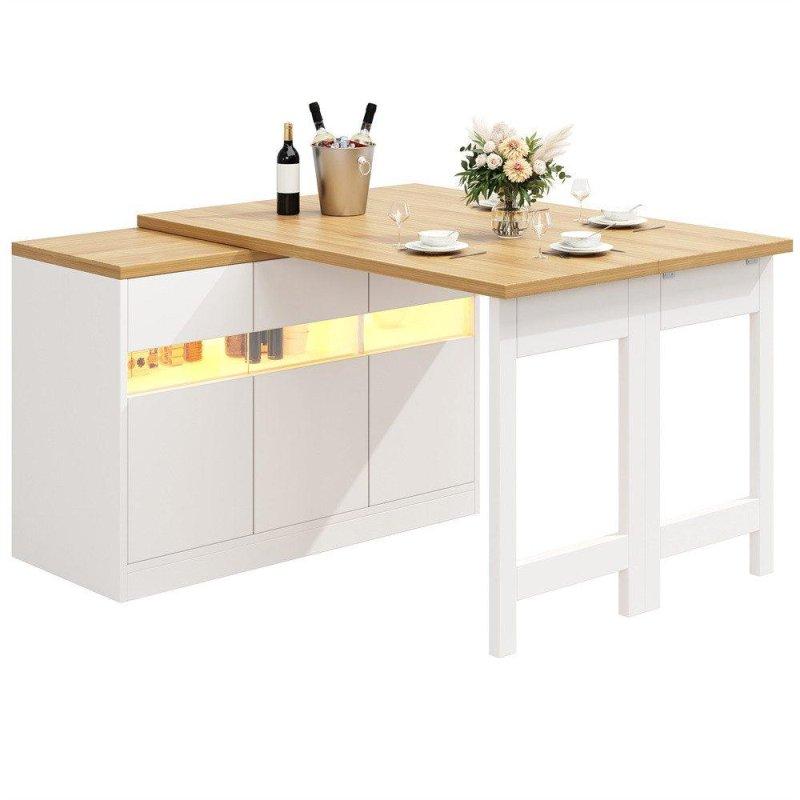 Beyaz ve Doğal MDF LED Aydınlatmalı 360 Derece Dönebilen Dolaplı Açılır Bar Masası - 120-180 cm - 232139