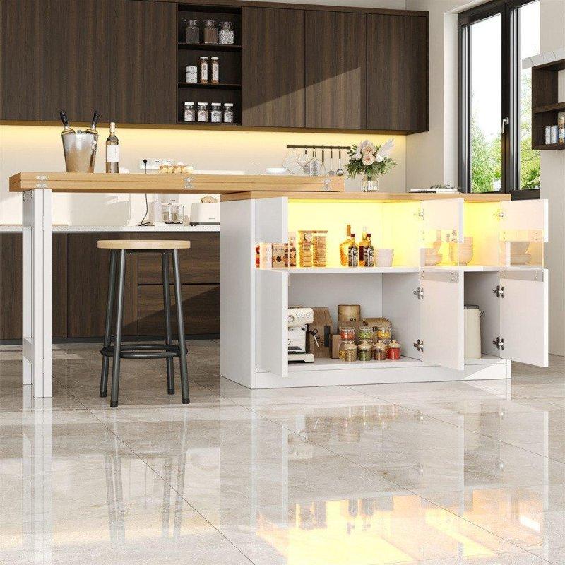 Beyaz ve Doğal MDF LED Aydınlatmalı 360 Derece Dönebilen Dolaplı Açılır Bar Masası - 120-180 cm - 232139