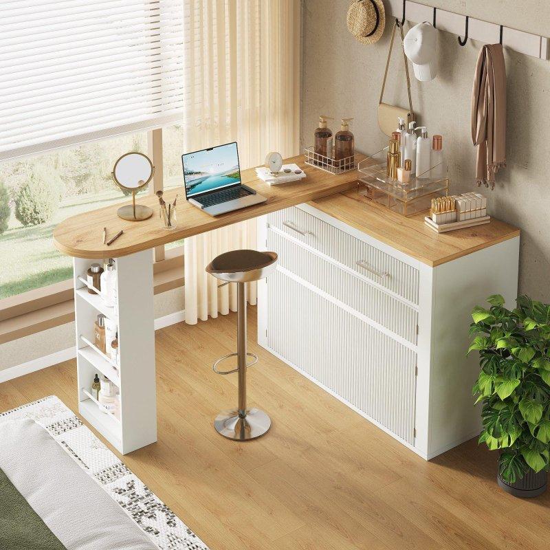 Beyaz ve Doğal Renk MDF 360° Dönebilen Tekerlekli Dolaplı Bar Masası - 215x105 cm - 232602