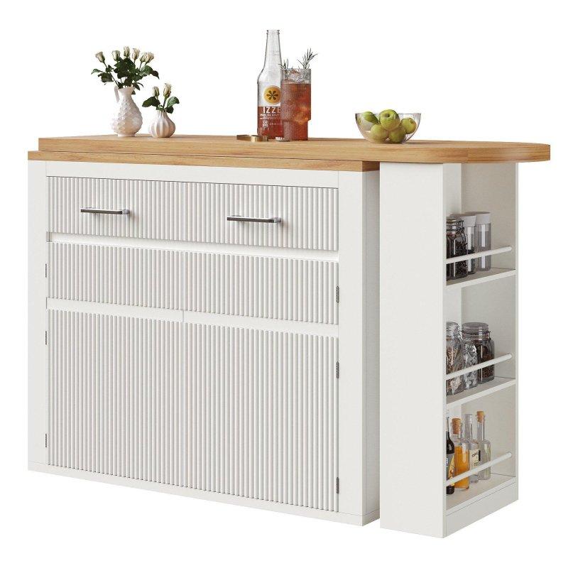 Beyaz ve Doğal Renk MDF 360° Dönebilen Tekerlekli Dolaplı Bar Masası - 215x105 cm - 232602
