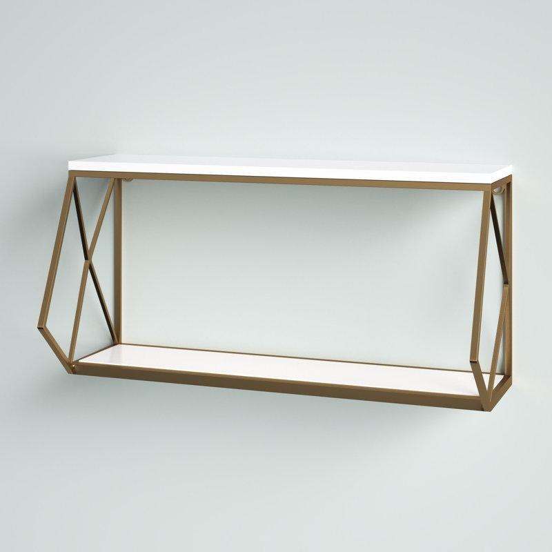 Beyaz ve Gold İki Katlı Geometrik Tasarımlı Ahşap Duvar Rafı - 56 cm - 179741