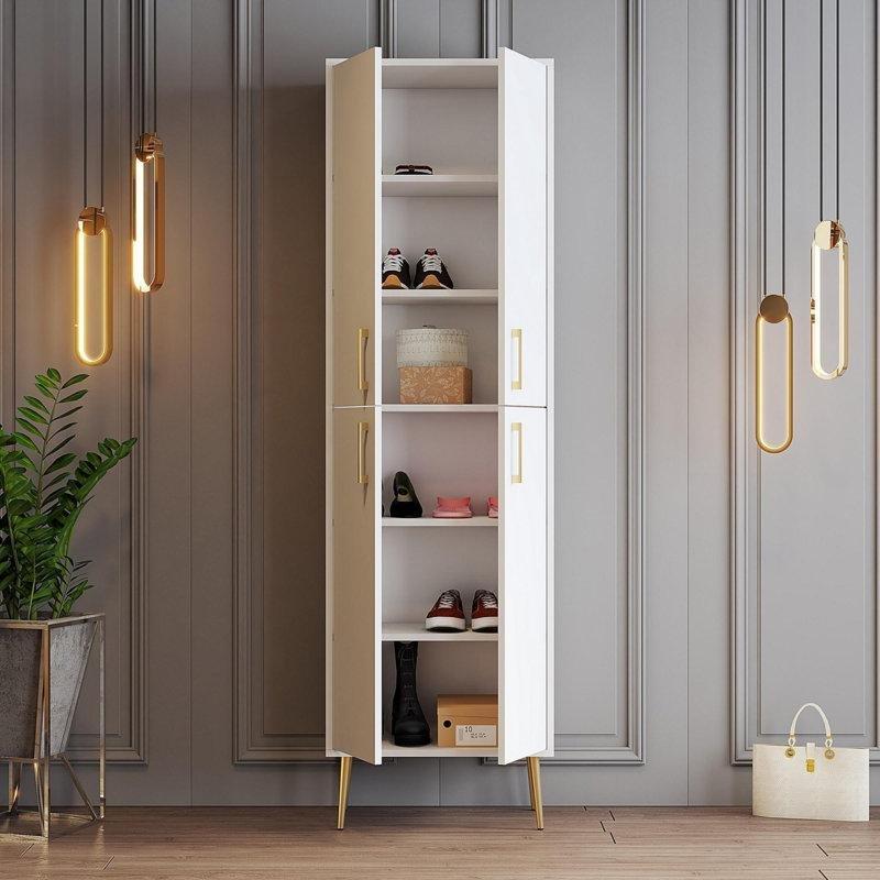 Beyaz ve Gold Melamin Kaplı Yonga Levha Kapaklı Ayakkabılık - 60x202x35 cm - 228642