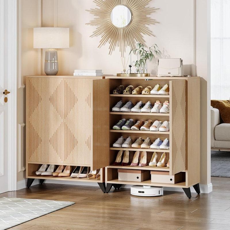 Beyaz ve Gold Metal Ayaklı Geometrik Desenli Ayarlanabilir Raflı MDF Ayakkabılık - 230187