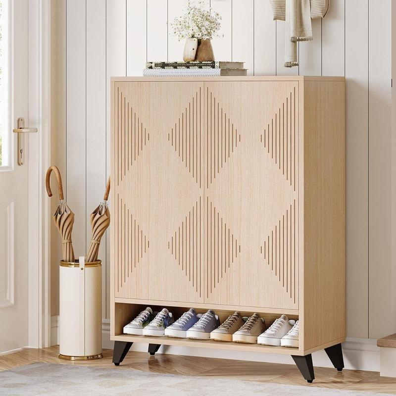 Beyaz ve Gold Metal Ayaklı Geometrik Desenli Ayarlanabilir Raflı MDF Ayakkabılık - 230187