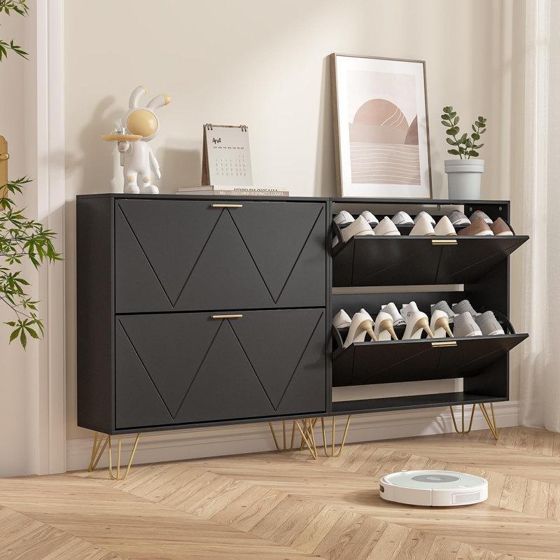 Beyaz ve Gold Suntalam Oluklu Kapaklı Metal Ayaklı Düşer Kapaklı 2li Set Ayakkabılık - 81x25x88 cm - 230027