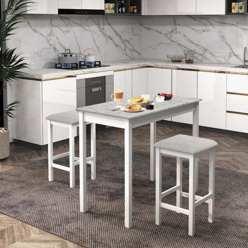 Beyaz ve Gri Masif Ahşap Mermer Desenli 2 Tabureli Bar Masası Seti - 107x56 cm - 231417