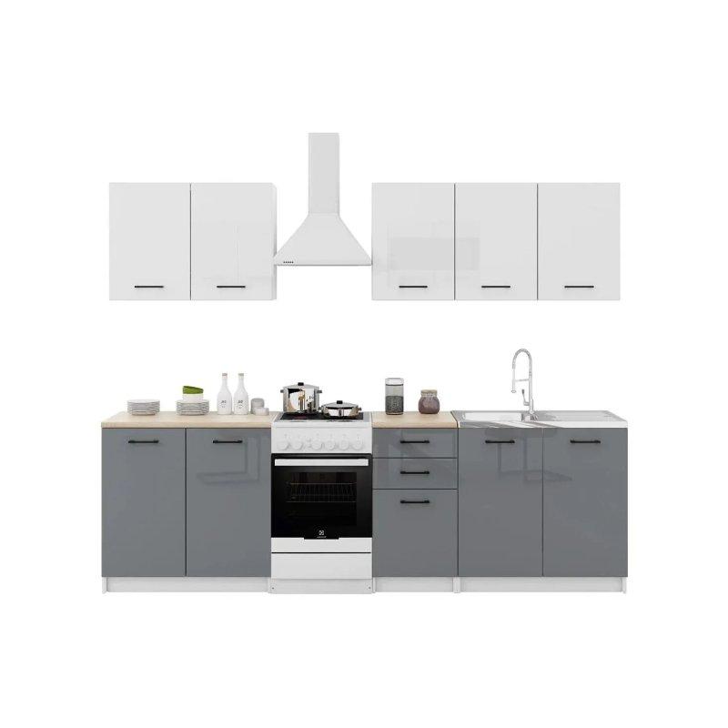 Beyaz ve Gri MDF Parlak Yüzeyli 6 Parçalı Mutfak Dolap Seti - 200 cm - 186643