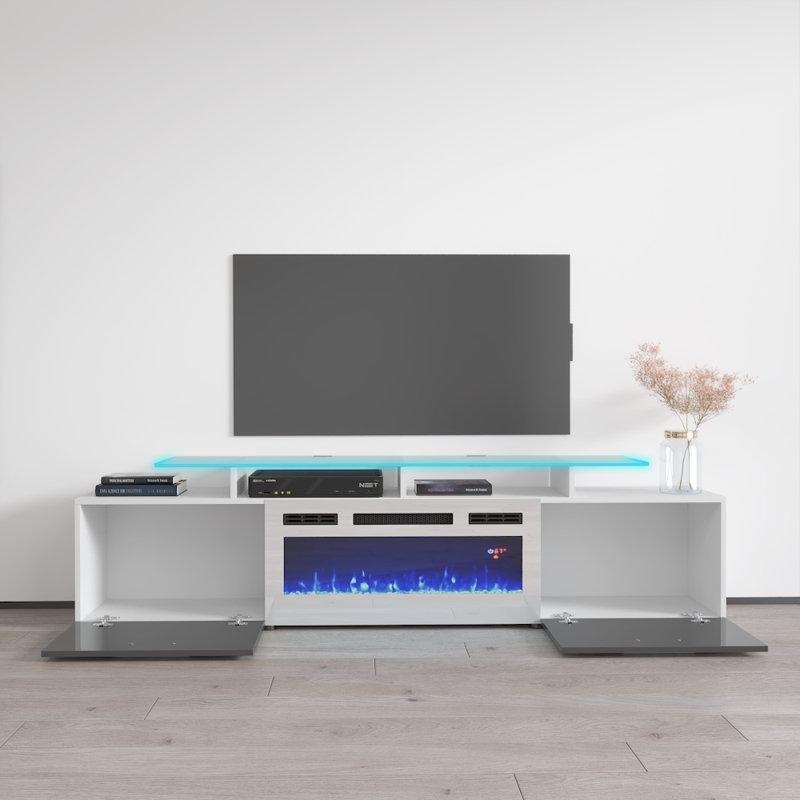 Beyaz ve Gri Sunta Elektrikli Şömineli Parlak Yüzeyli Tv Ünitesi - 191 cm - 220658