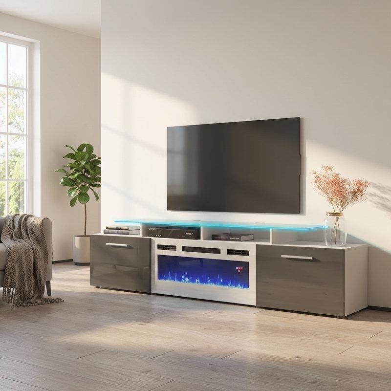 Beyaz ve Gri Sunta Elektrikli Şömineli Parlak Yüzeyli Tv Ünitesi - 191 cm - 220658