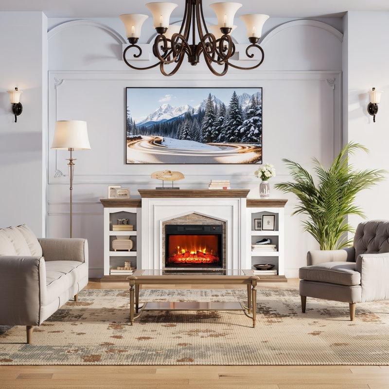 Beyaz ve Kahverengi Ahşap TV Üniteli Depolama Alanlı Elektrikli Şömine - 206 cm - 184910