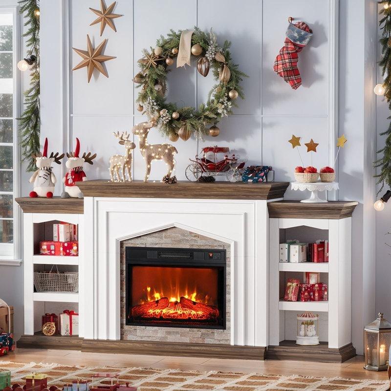 Beyaz ve Kahverengi Ahşap TV Üniteli Depolama Alanlı Elektrikli Şömine - 206 cm - 184910