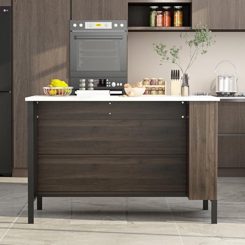 Beyaz ve Kahverengi Masif Ahşap ve MDF Çekmeceli Raflı Mutfak Adası - 140 cm - 176995