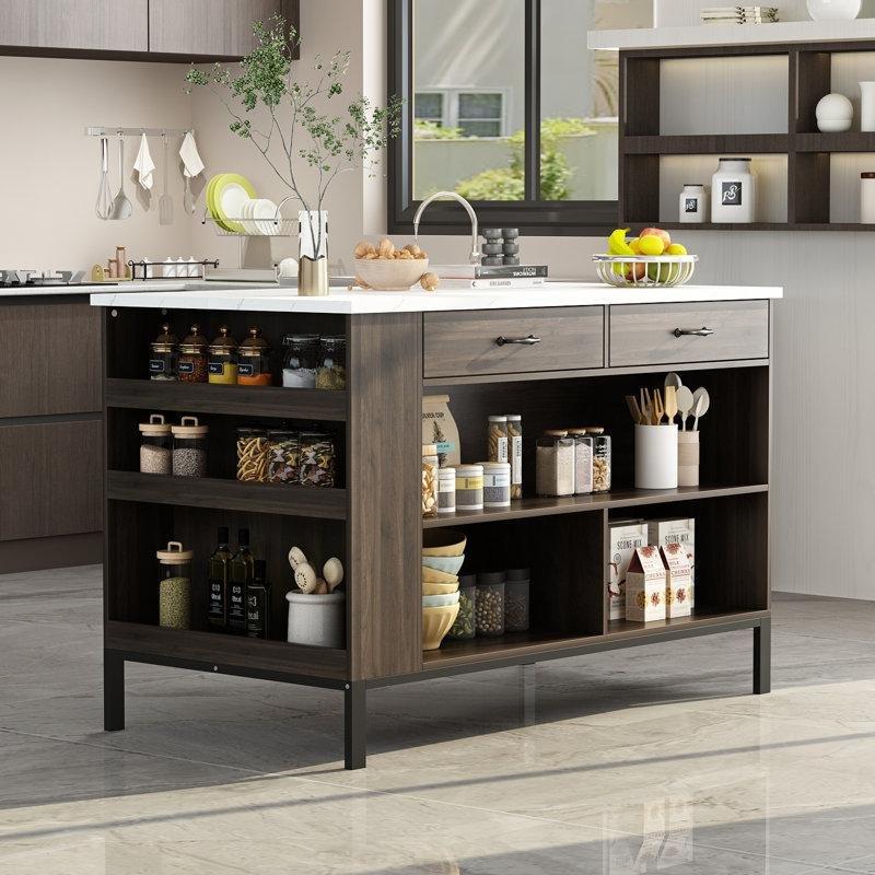 Beyaz ve Kahverengi Masif Ahşap ve MDF Çekmeceli Raflı Mutfak Adası - 140 cm - 176995
