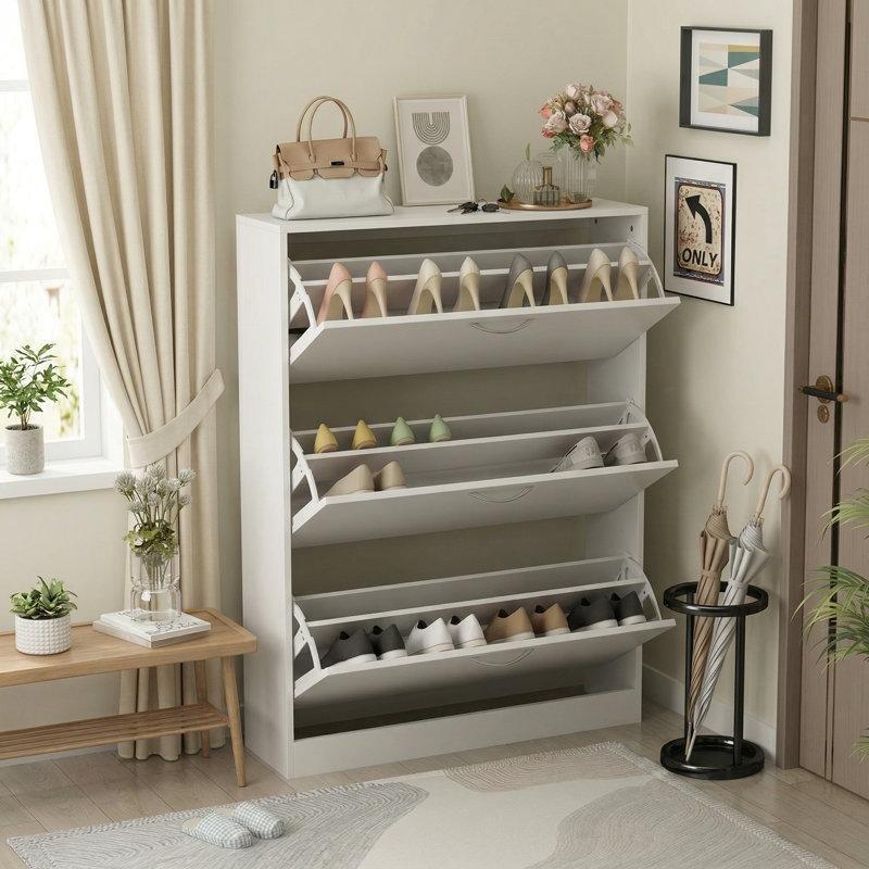 Beyaz ve Kahverengi Masif ve Endüstriyel Ahşap 3 Düşer Kapaklı Ayakkabılık - 120x81x24 cm - 228958
