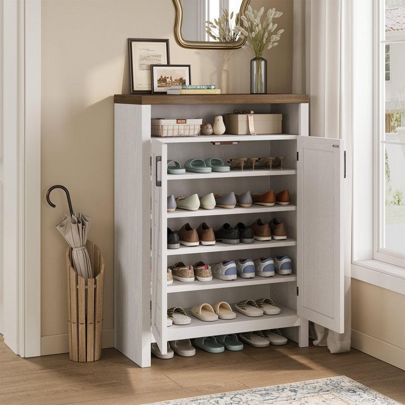 Beyaz ve Kahverengi MDF 6 Katlı Kapaklı Ayarlanabilir Raflı Ayakkabılık Dolabı - 116x81x35 cm - 230070