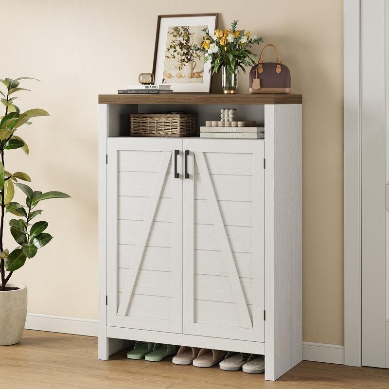 Beyaz ve Kahverengi MDF 6 Katlı Kapaklı Ayarlanabilir Raflı Ayakkabılık Dolabı - 116x81x35 cm - 230070