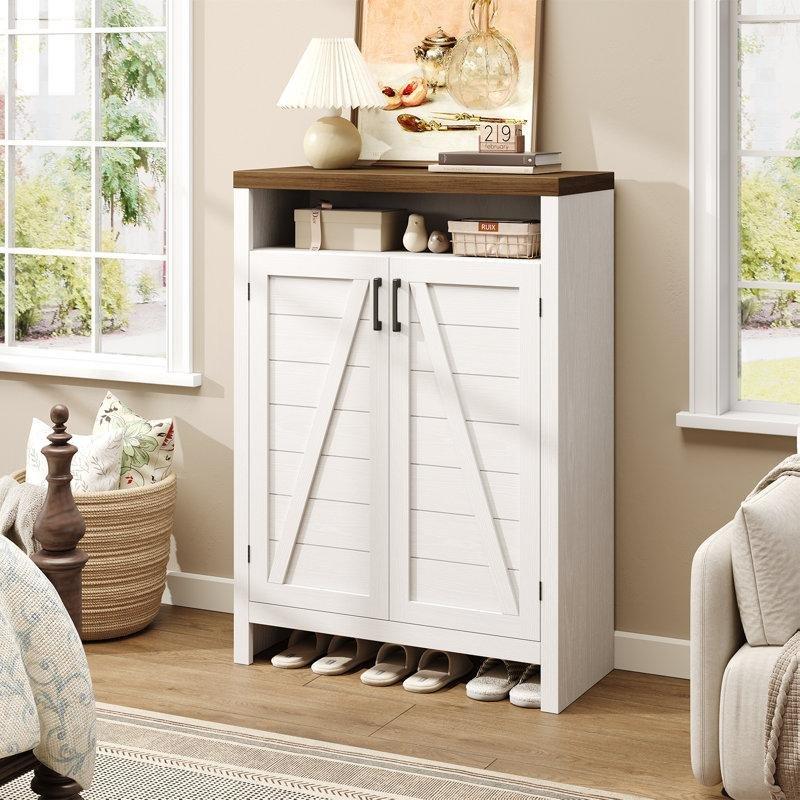 Beyaz ve Kahverengi MDF 6 Katlı Kapaklı Ayarlanabilir Raflı Ayakkabılık Dolabı - 116x81x35 cm - 230070