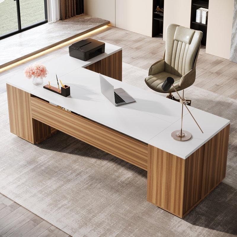 Beyaz ve Kahverengi MDF Çekmeceli ve Dolaplı L Tipi Yönetici Ofis Masası - 218 cm - 177152