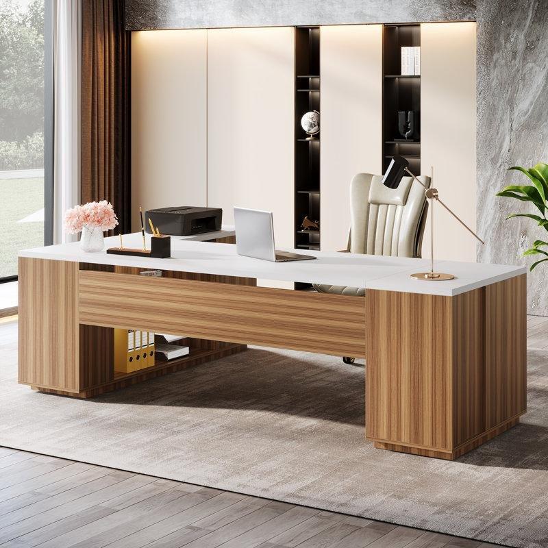 Beyaz ve Kahverengi MDF Çekmeceli ve Dolaplı L Tipi Yönetici Ofis Masası - 218 cm - 177152