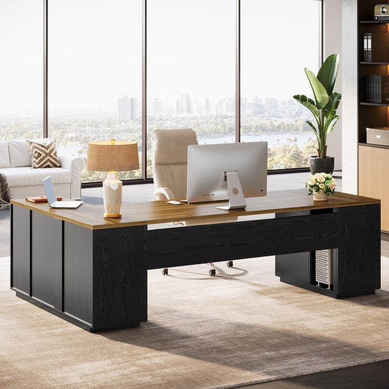 Beyaz ve Kahverengi MDF Etejerli L Tipi Yönetici Ofis Masası - 218 cm - 177875