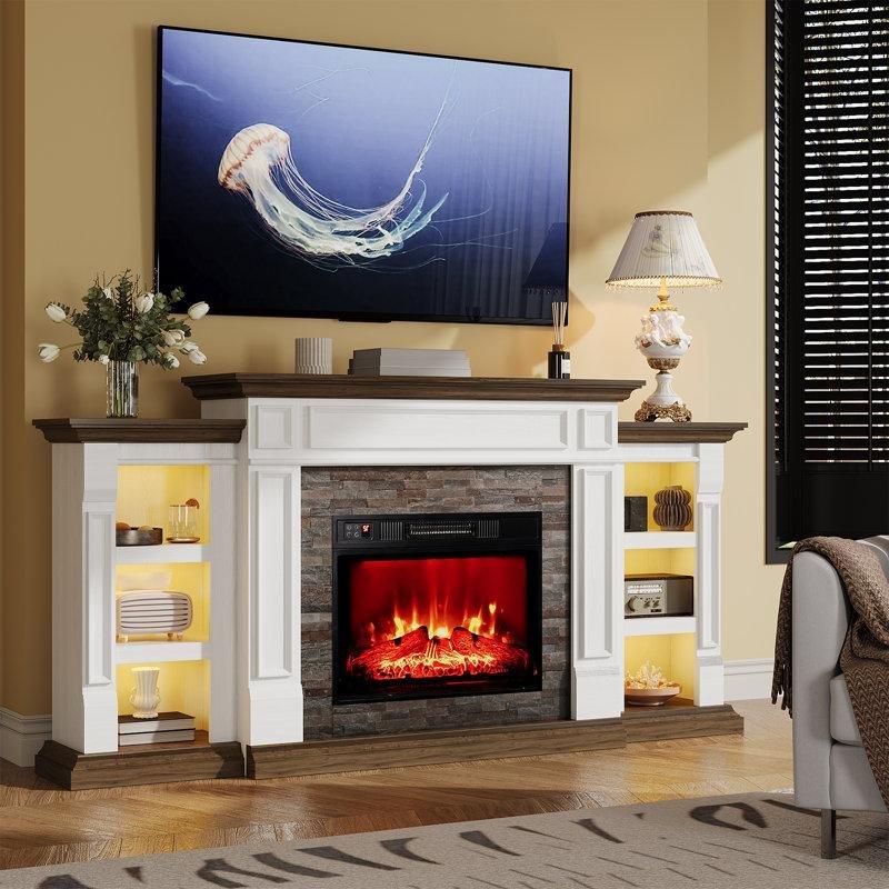 Beyaz ve Kahverengi MDF LED Işıklı ve Raflı Şömineli TV Ünitesi - 183 cm - 221083