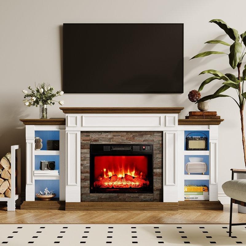 Beyaz ve Kahverengi MDF LED Işıklı ve Raflı Şömineli TV Ünitesi - 183 cm - 221083